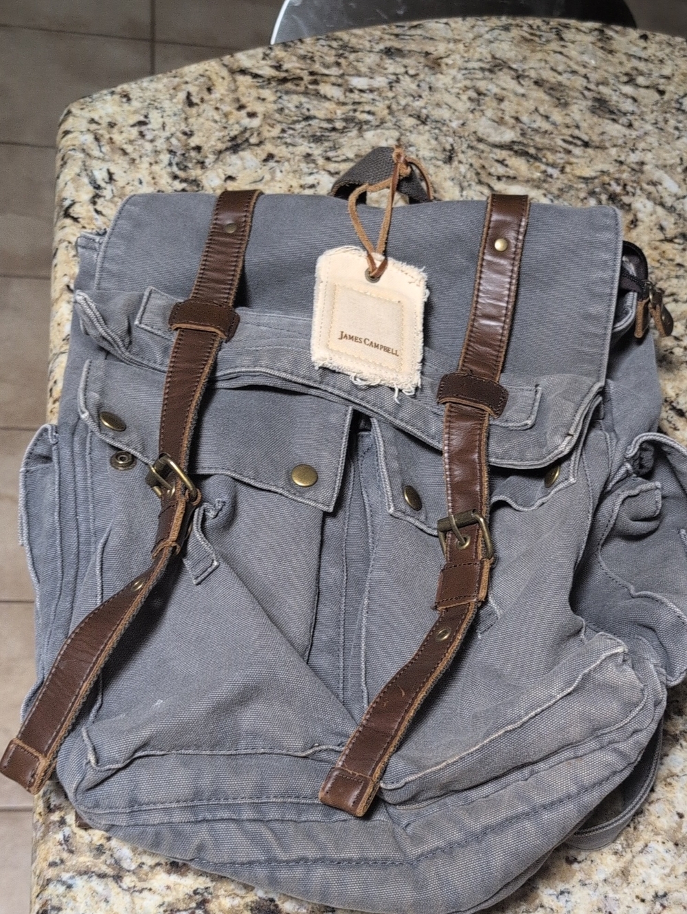 James Campbell Gray Canvas Backpack with Brown Accents